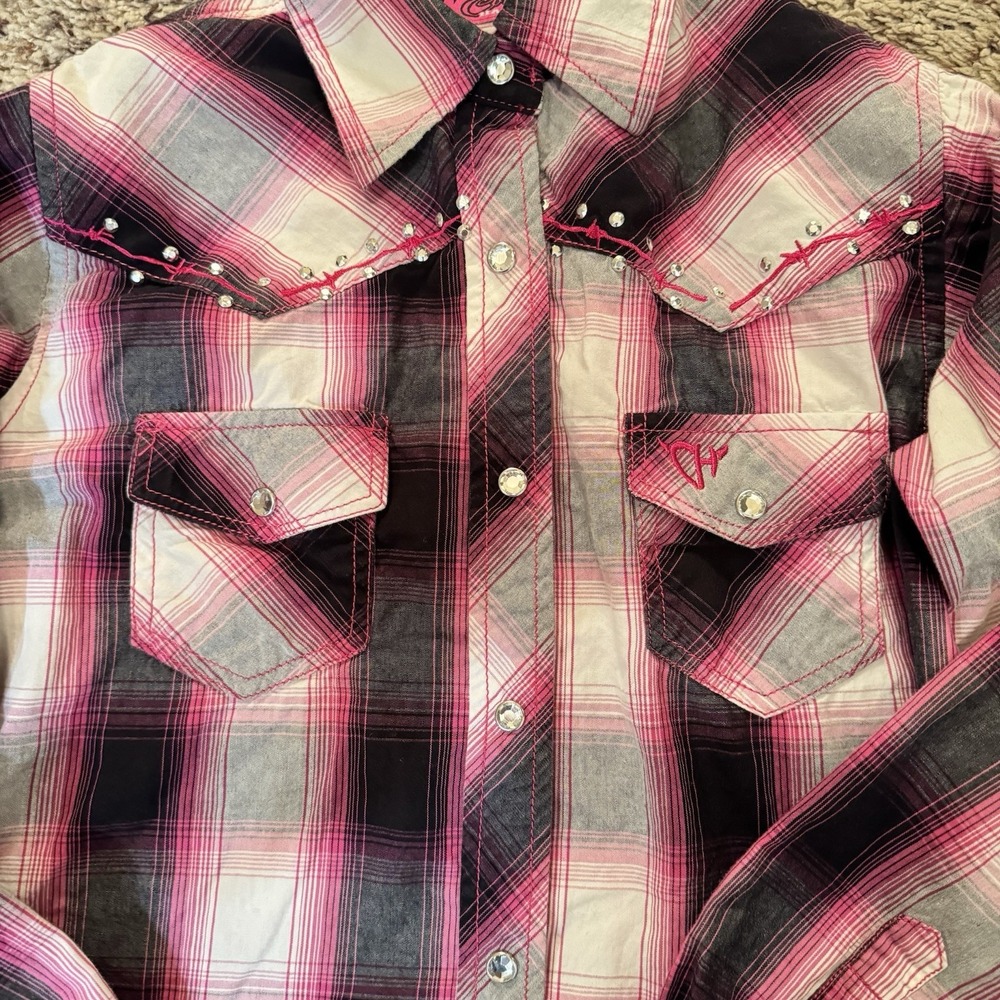 Cowgirl Hardware Girls M 7/8 Western Snap Shirt Pink Plaid Horse‎ Rhinestone - Picture 7 of 13